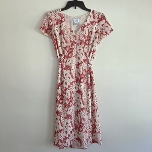 Loft Red And White Floral V-Neck Midi Dress